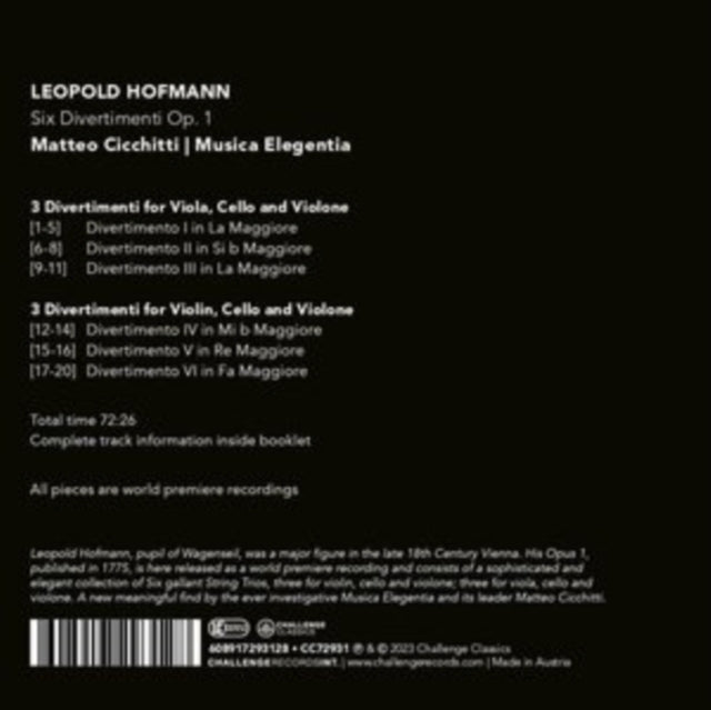 Musica Elegentia And Matteo Cicchitti: Leopold Hoffmann: Six Divertimenti Op.1 - CD
