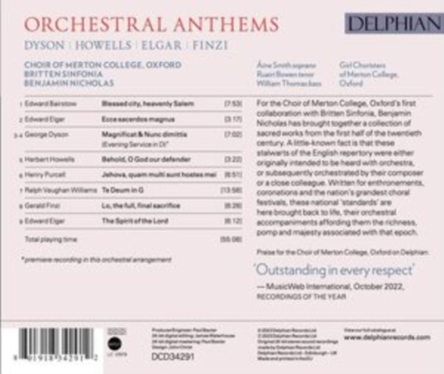 Choir Of Merton College / Oxford / Benjamin Nicholas & Britten Sinfonia: Orchestral Anthems: Elgar / Finzi / Dyson / Howells - CD
