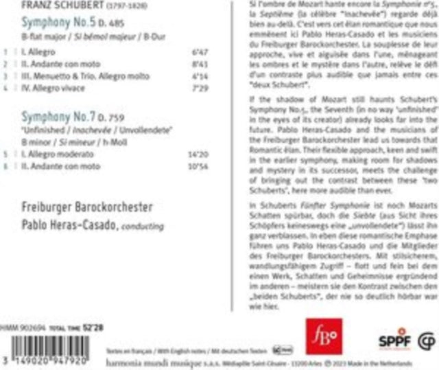 Freiburger Barockorchester / Pablo Heras-casado: Schubert: Symphonies Nos. 5 & 7 Unfinished - CD