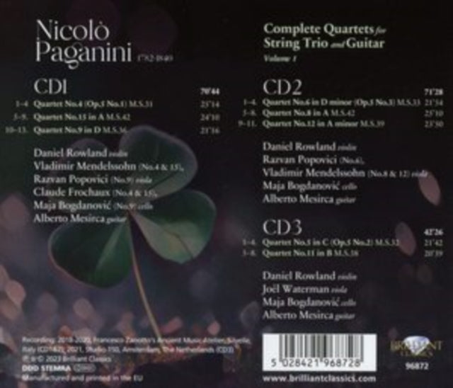 Alberto Mesirca / Daniel Rowland / Vladimir Mendelssohn / Razvan Popovici / Maja Bogdanovic / Claude: Paganini: Complete Quartets For String Trio And Guitar / Vol. 1 - CD